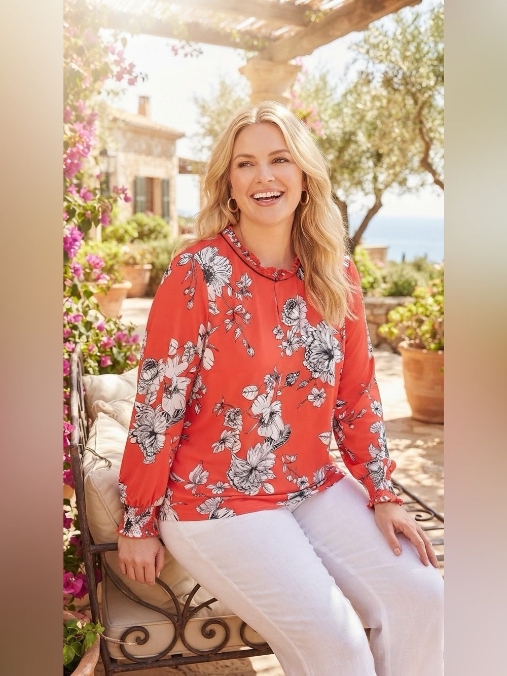 SIZE 1X Susan Graver® NEW Floral Ruffle Neck Blouse Top Red White Long Sleeve